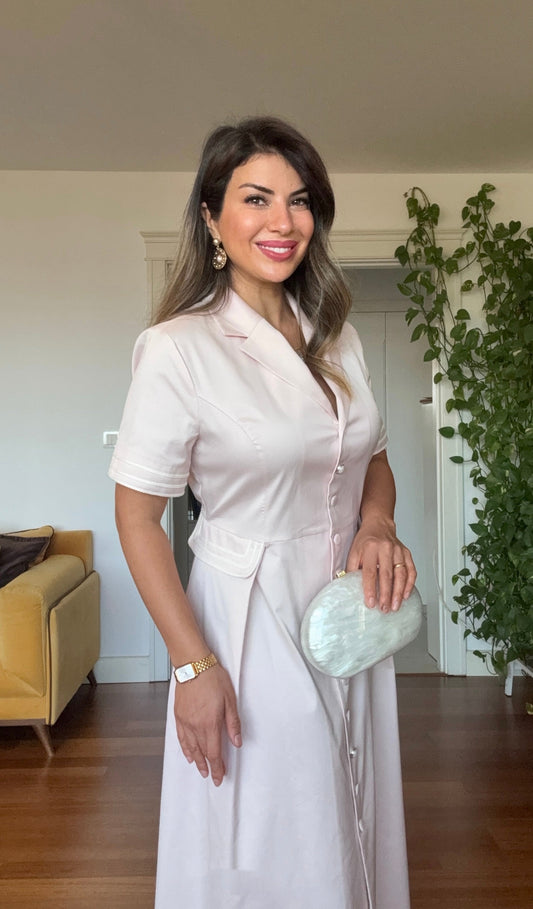 NOTCH LAPEL BUTTON-DOWN MIDI DRESS – POWDER