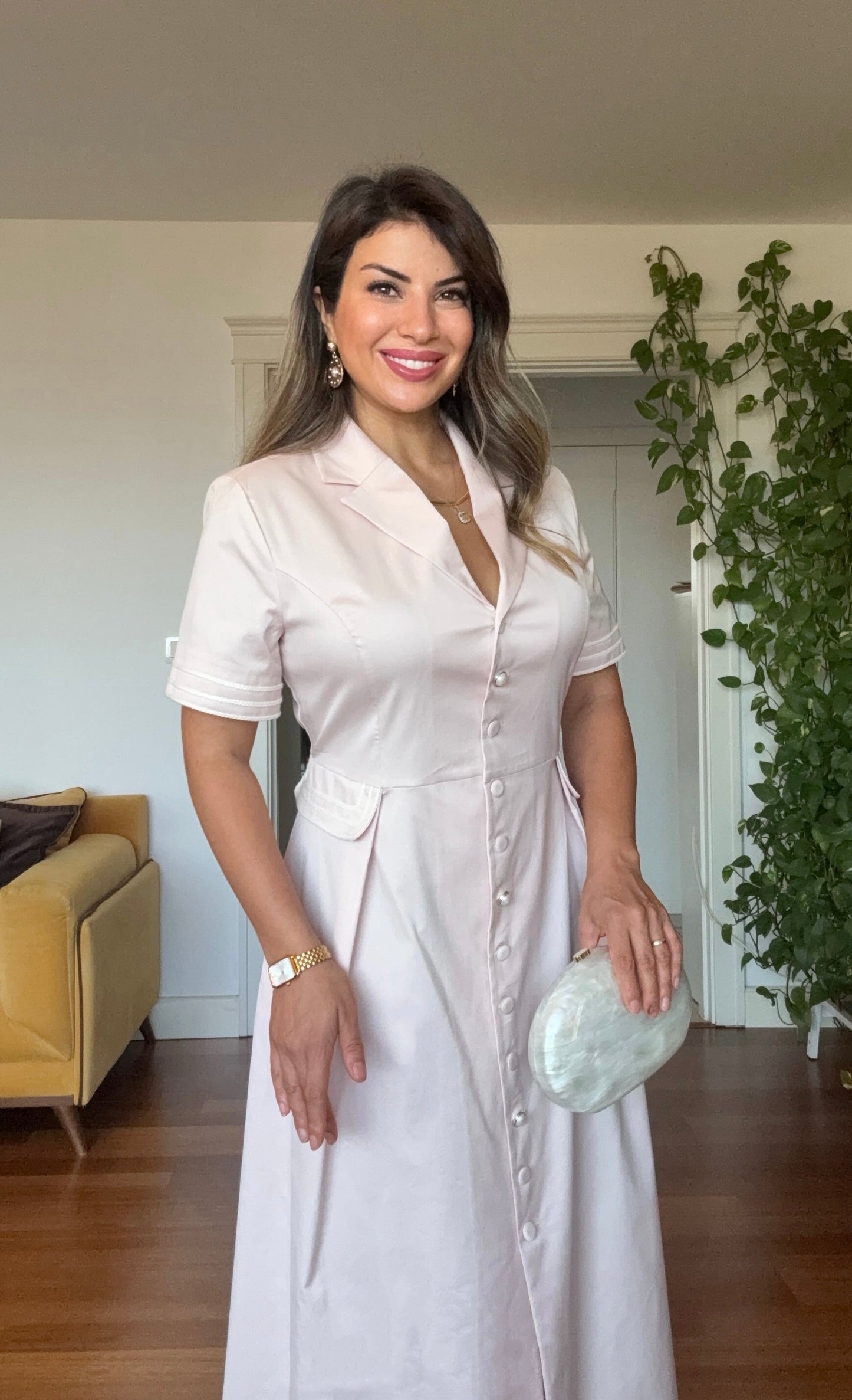NOTCH LAPEL BUTTON-DOWN MIDI DRESS – POWDER