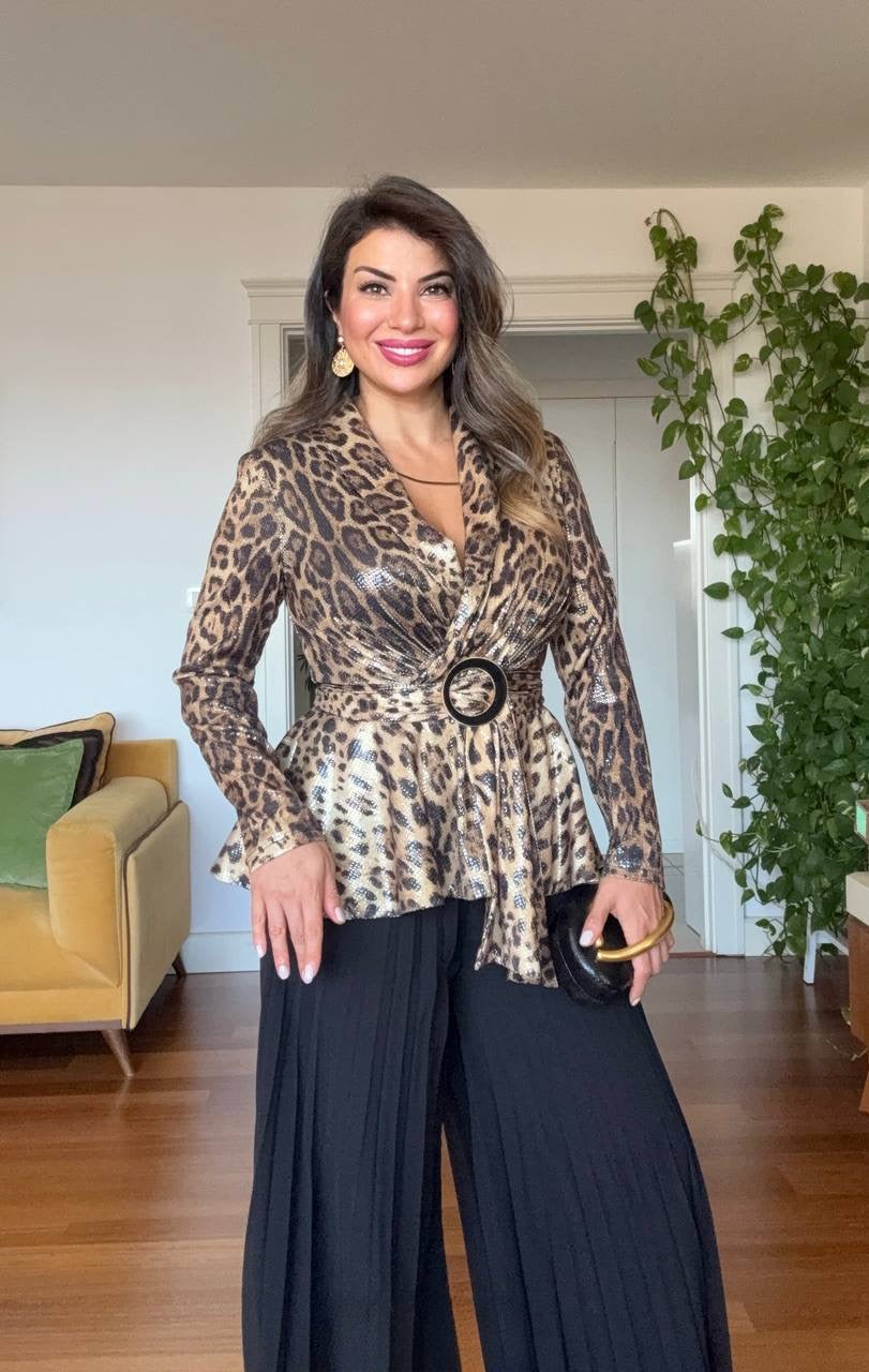LEOPARD PRINT SEQUIN PLEATED SET - BLACK