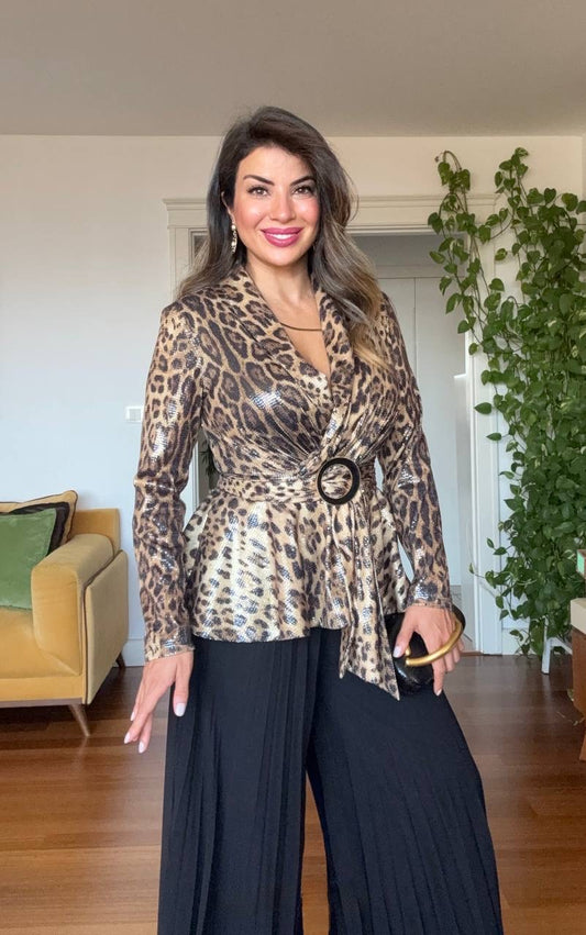 LEOPARD PRINT SEQUIN PLEATED SET - BLACK