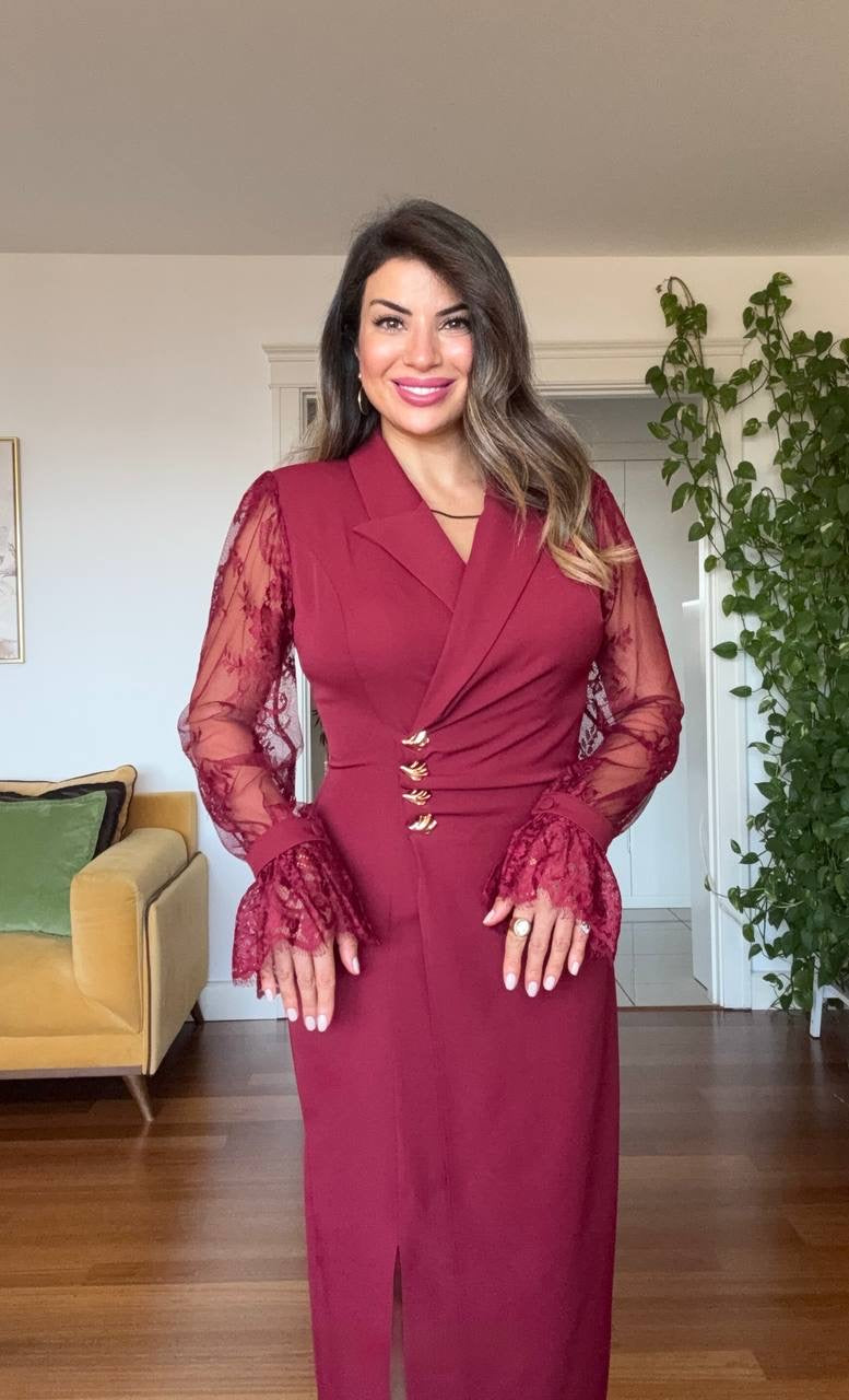 GOLD BUTTON DETAILED LACE SLEEVE WRAP DRESS – BURDUNDY