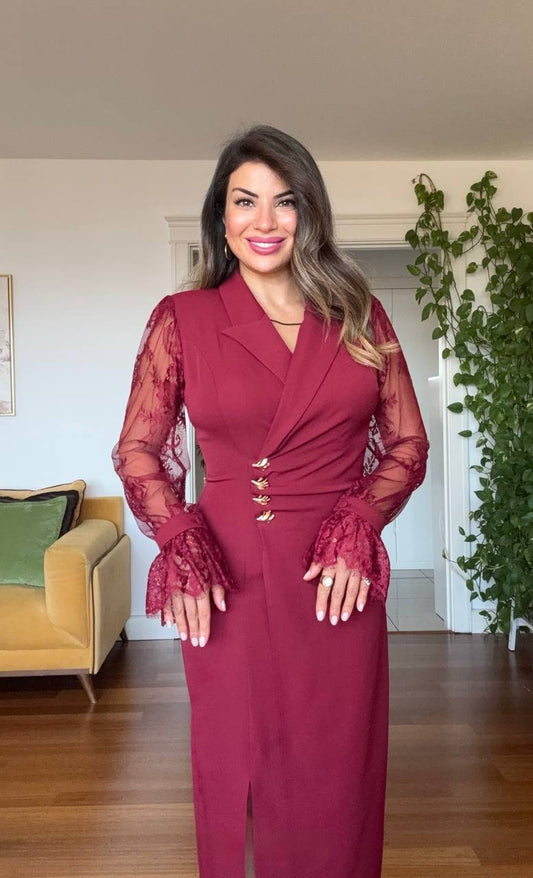 GOLD BUTTON DETAILED LACE SLEEVE WRAP DRESS – BURDUNDY