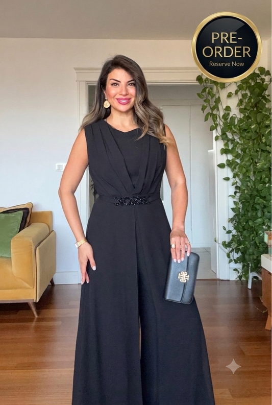 STONE-EMBELLISHED BELTED SLEEVELESS JUMPSUIT - BLACK