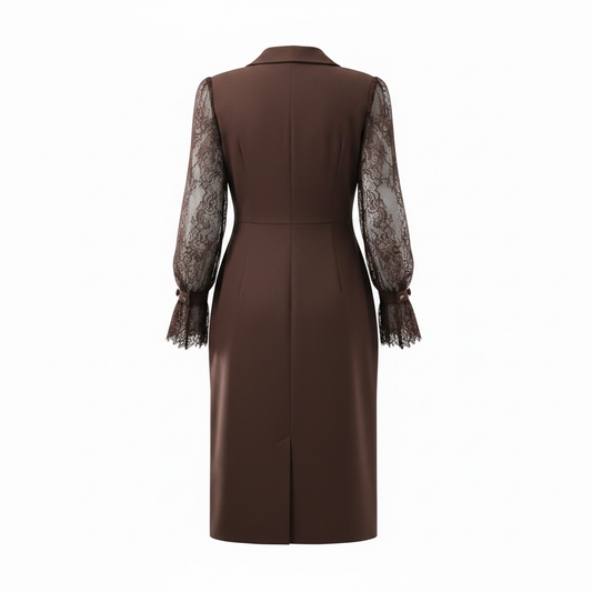GOLD BUTTON DETAILED LACE SLEEVE WRAP DRESS – BROWN
