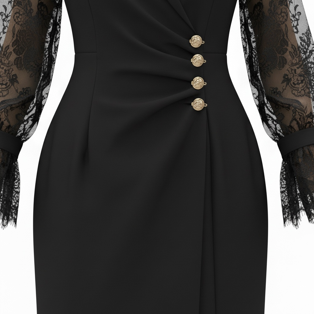 GOLD BUTTON DETAILED LACE SLEEVE WRAP DRESS – BLACK