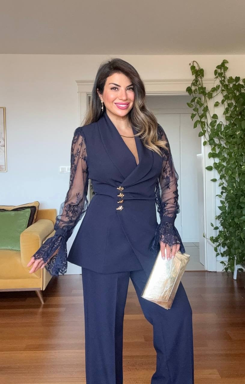 LACE SLEEVE DOUBLE-BREASTED BLAZER & WIDE-LEG TROUSER SUIT – NAVY