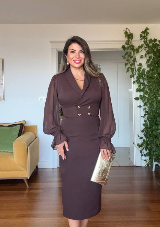 DOUBLE BUTTON DRESS - DARK BROWN