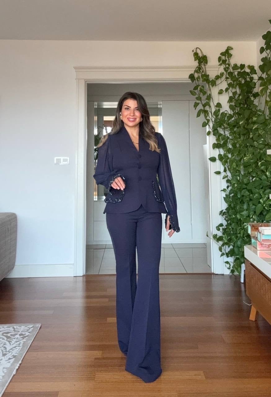 EMBELLISHED CHIFFON SLEEVE BLAZER SUIT - NAVY