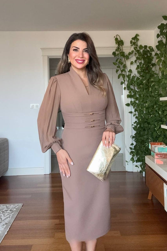 BALLOON SLEEVE CORSET MIDI DRESS - BROWN