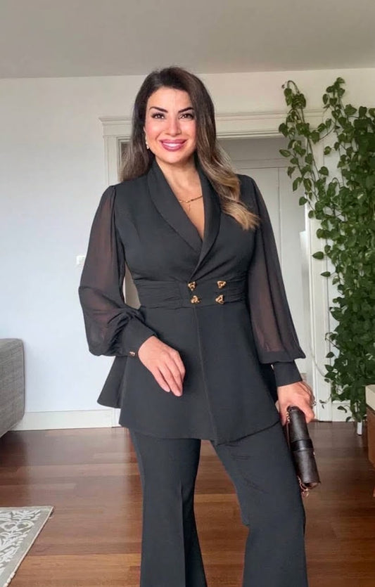 BALLOON SLEEVE BELTED BLAZER SET - BLACK