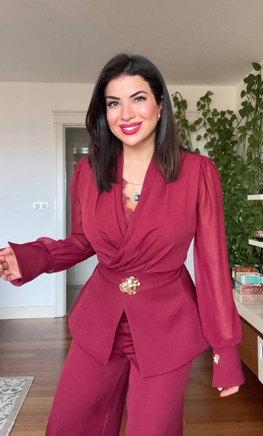 GOLD BUCKLE DETAIL BLAZER JUMPSUIT - BURGUNDY