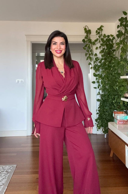 GOLD BUCKLE DETAIL BLAZER JUMPSUIT - BURGUNDY