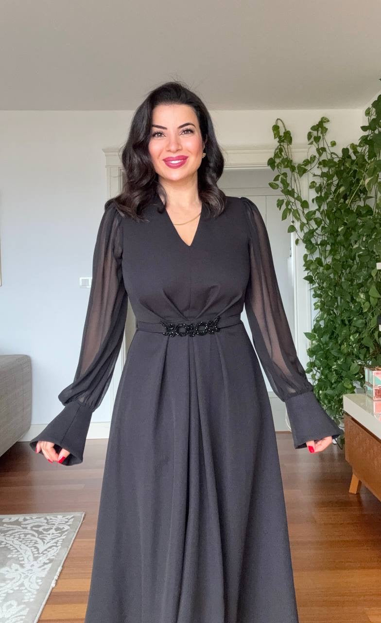 V-NECK MIDI DRESS WITH STONE-EMBELLISHED BELT - BLACK