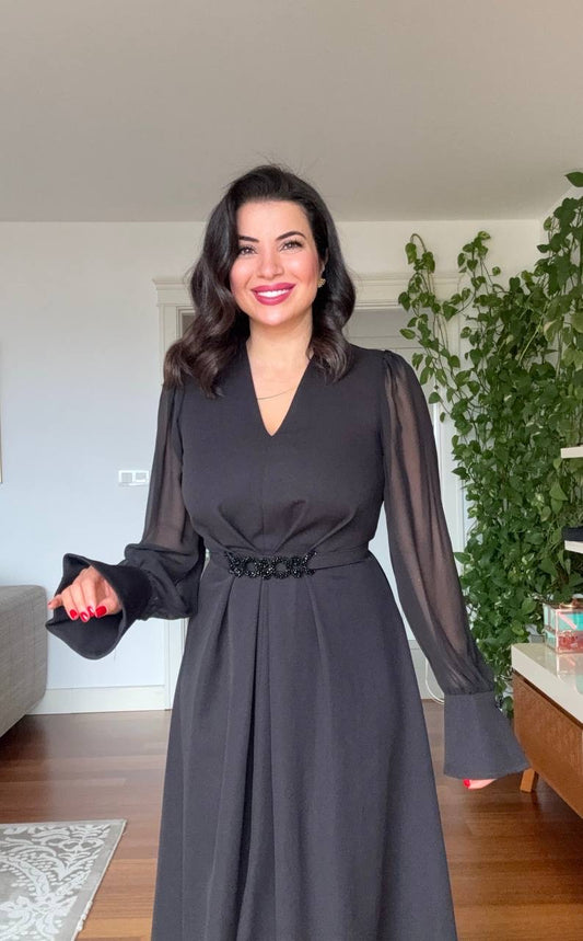 V-NECK MIDI DRESS WITH STONE-EMBELLISHED BELT - BLACK