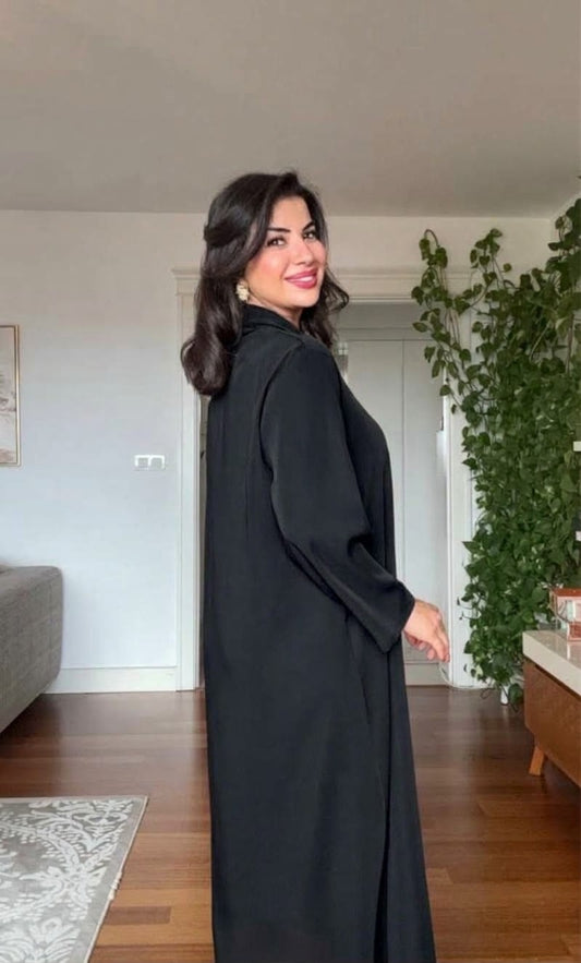 V-NECK LONG DRESS WITH SCARF DETAIL AND GOLD-TONE ACCENT - BLACK