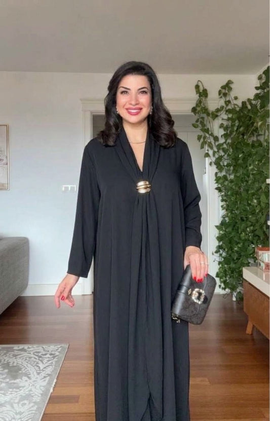 V-NECK LONG DRESS WITH SCARF DETAIL AND GOLD-TONE ACCENT - BLACK