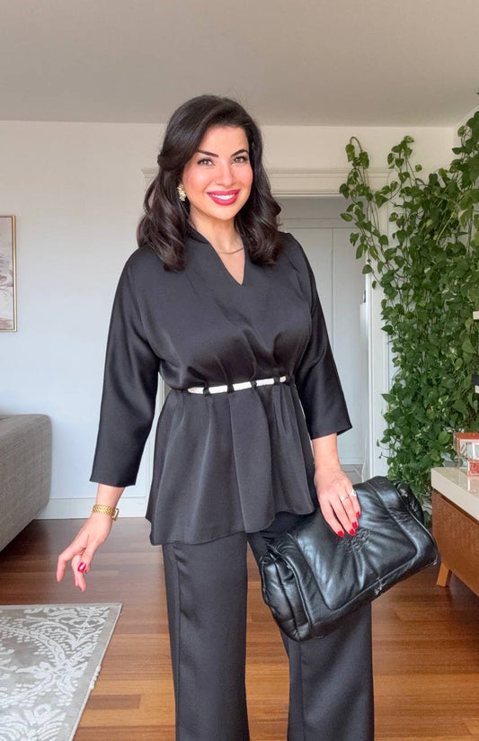 V-NECK SATIN-LOOK BLOUSE AND WIDE-LEG TROUSER SET - BLACK