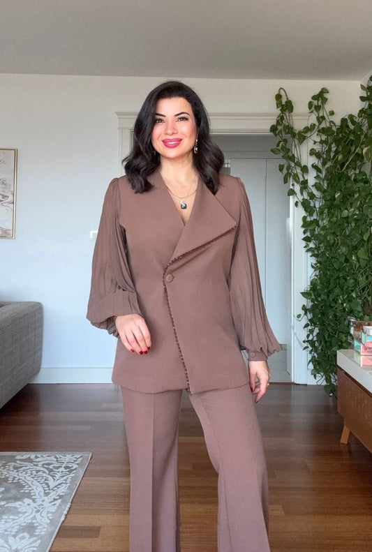 WRAP-STYLE LAPEL PLEATED BALLOON SLEEVE JACKET SET - MOCHA BROWN