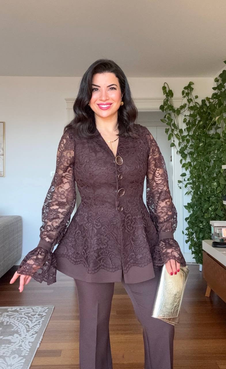 LACE JACKET WITH FLOUNCE CUFFS AND WIDE-LEG TROUSERS TWO-PIECE SET - BROWN
