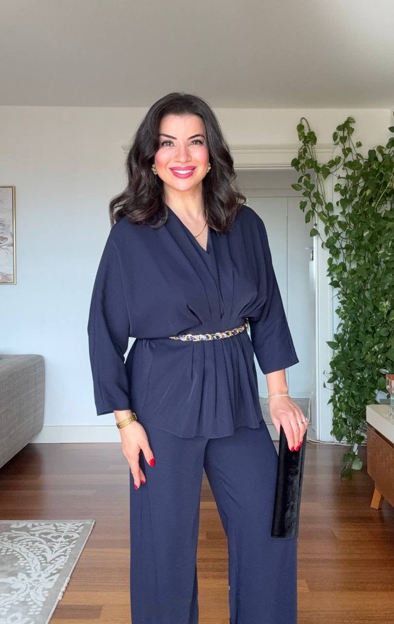 DRAPED BLOUSE AND WIDE-LEG TROUSERS TWO-PIECE SET - NAVY BLUE