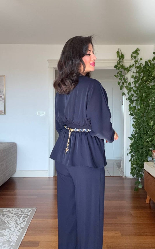 DRAPED BLOUSE AND WIDE-LEG TROUSERS TWO-PIECE SET - NAVY BLUE