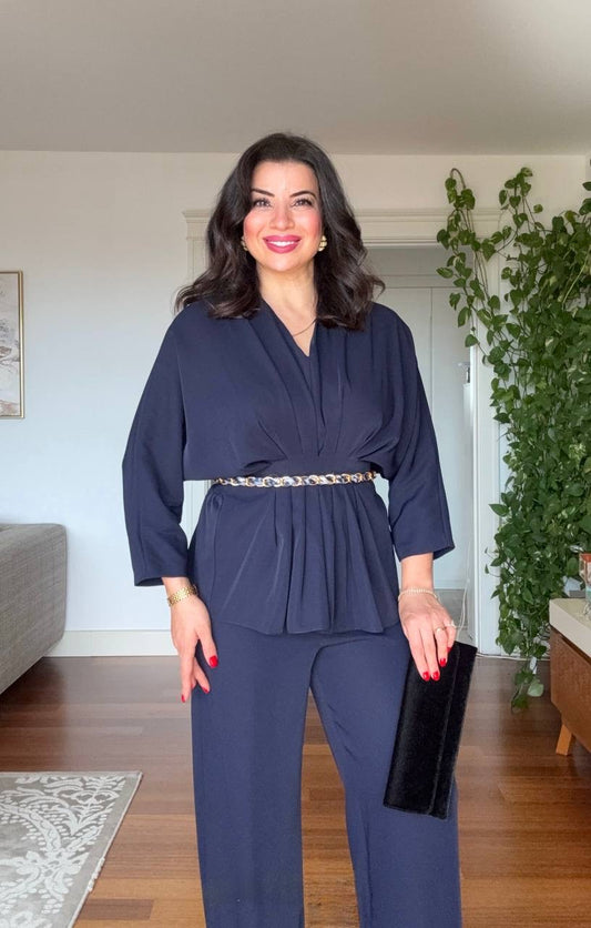 DRAPED BLOUSE AND WIDE-LEG TROUSERS TWO-PIECE SET - NAVY BLUE