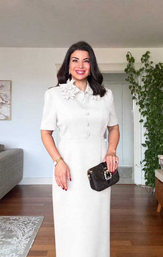 FLORAL APPLIQUÉ COLLARED SHORT-SLEEVE MIDI DRESS - WHİTE