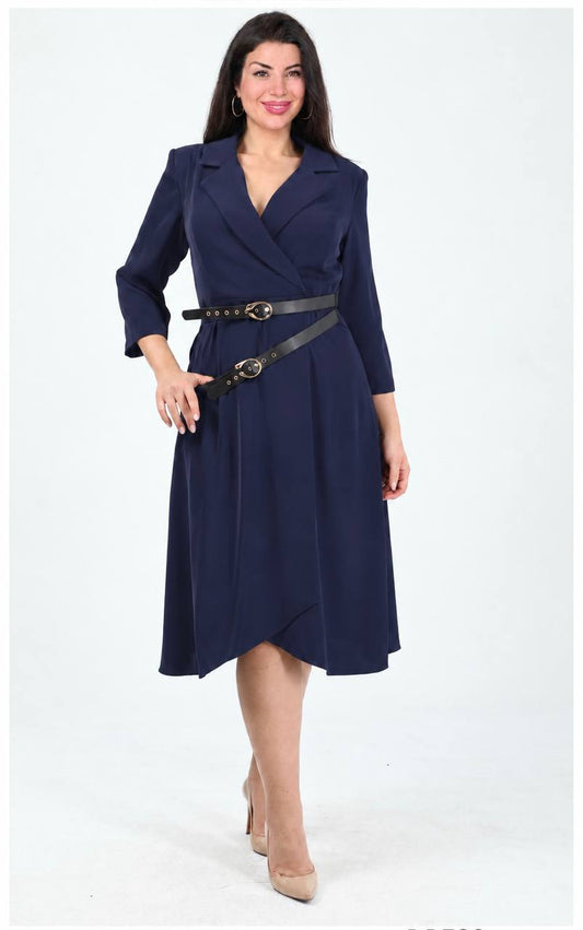 LAPEL COLLAR WRAP-EFFECT DOUBLE BUCKLE DETAIL MIDI DRESS - NAVY