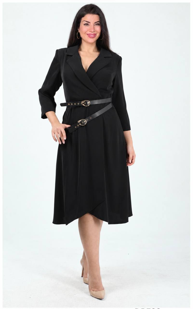 LAPEL COLLAR WRAP-EFFECT DOUBLE BUCKLE DETAIL MIDI DRESS - BLACK
