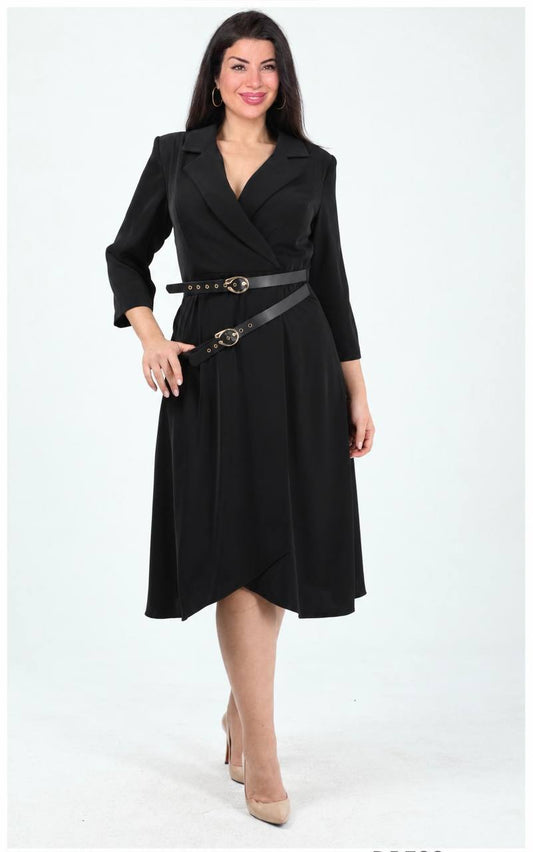 LAPEL COLLAR WRAP-EFFECT DOUBLE BUCKLE DETAIL MIDI DRESS - BLACK