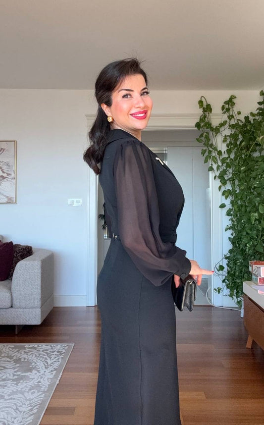 RHINESTONE-DETAIL LAPEL COLLAR BELTED MIDI DRESS - BLACK