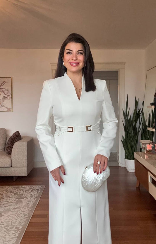 V-NECK METAL BUCKLE DETAIL LONG-SLEEVE MIDI DRESS - WHITE