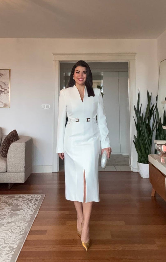 V-NECK METAL BUCKLE DETAIL LONG-SLEEVE MIDI DRESS - WHITE
