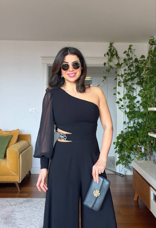 WAİST DETAİLED ASYMMETRİC JUMPSUİT - BLACK