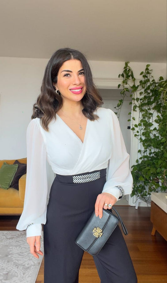 BLACK & WHITE JUMPSUIT WITH STONE DETAILS