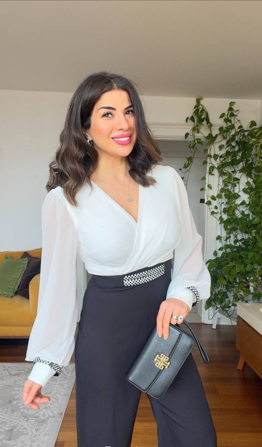 BLACK & WHITE JUMPSUIT WITH STONE DETAILS