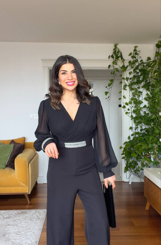 JUMPSUIT WITH STONE DETAILS - BLACK