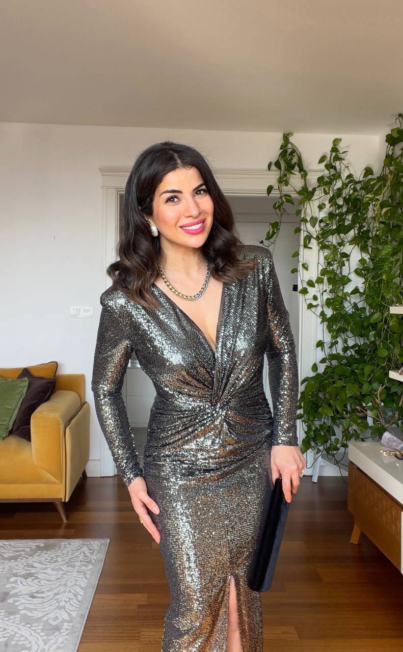 DOUBLE-BREASTED EVENİNG DRESS- SİLVER