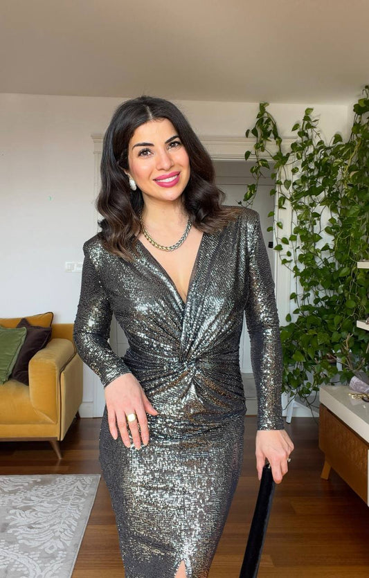 DOUBLE-BREASTED EVENİNG DRESS- SİLVER