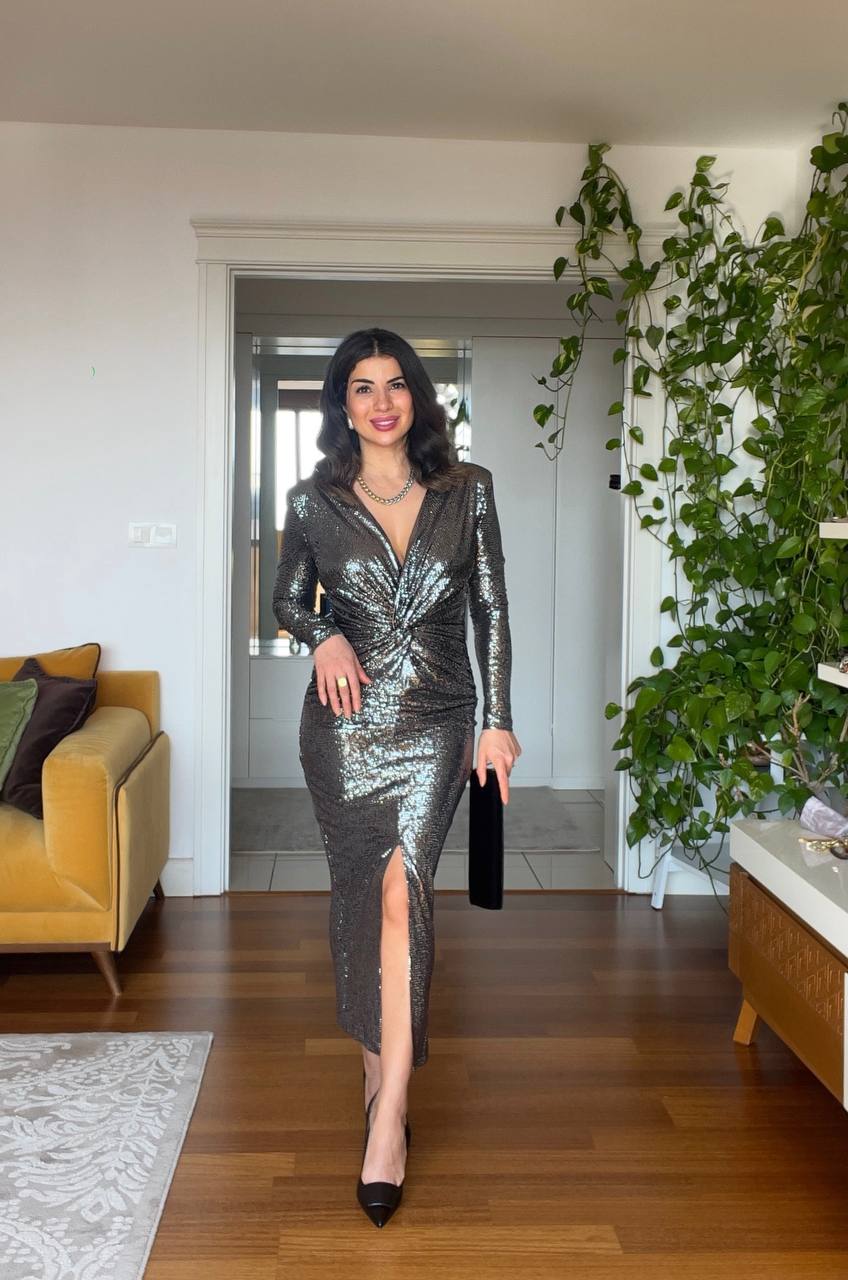 DOUBLE-BREASTED EVENİNG DRESS- SİLVER