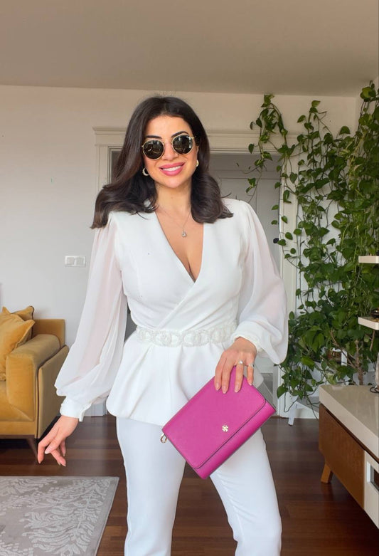 ELEGANT V-NECK JUMPSUIT - WHITE