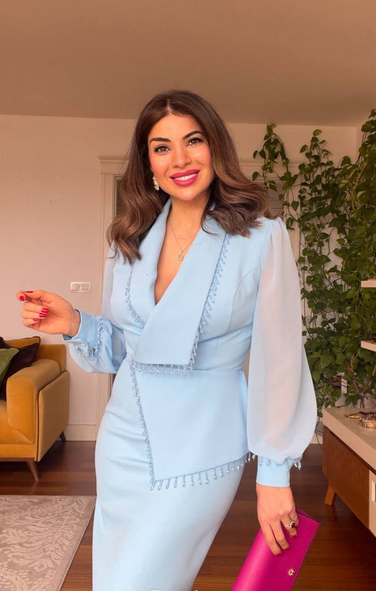 TULLE SLEEVE STONE DETAILED DRESS - BLUE