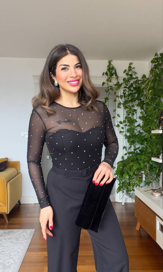 STONE-EMBELLISHED STRAPLESS JUMPSUIT - BLACK