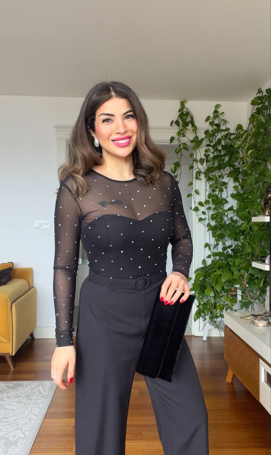 STONE-EMBELLISHED STRAPLESS JUMPSUIT - BLACK