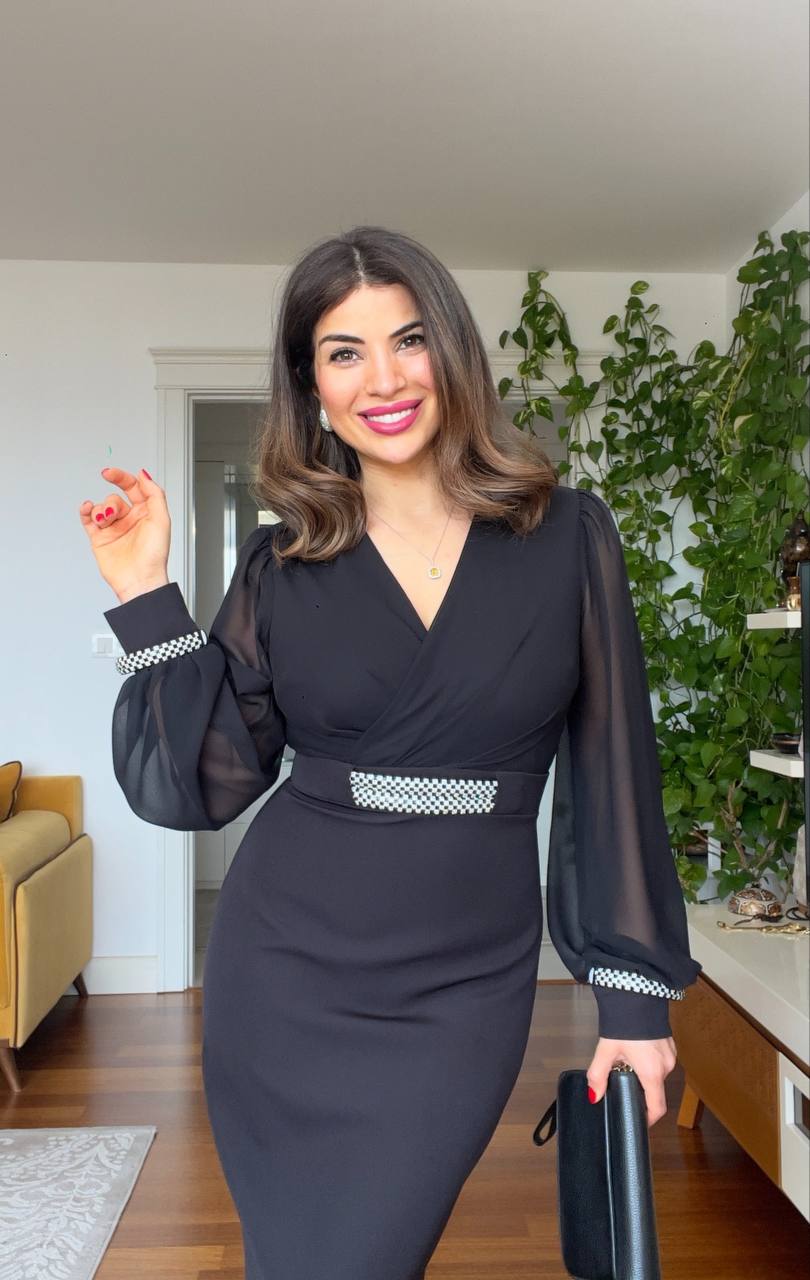 STONE DETAIL DRESS - BLACK