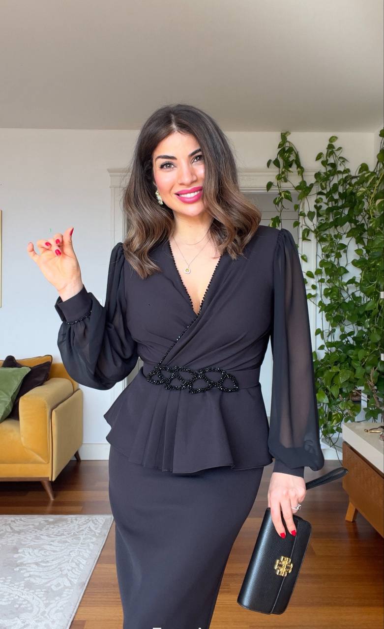 STONE-BELTED SKIRT SUIT - BLACK