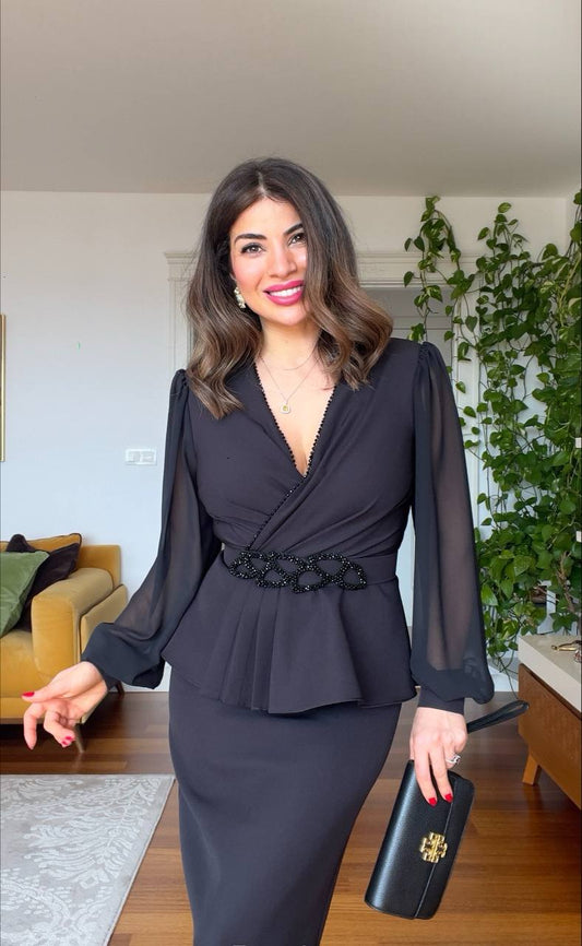 STONE-BELTED SKIRT SUIT - BLACK