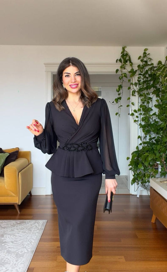 STONE-BELTED SKIRT SUIT - BLACK