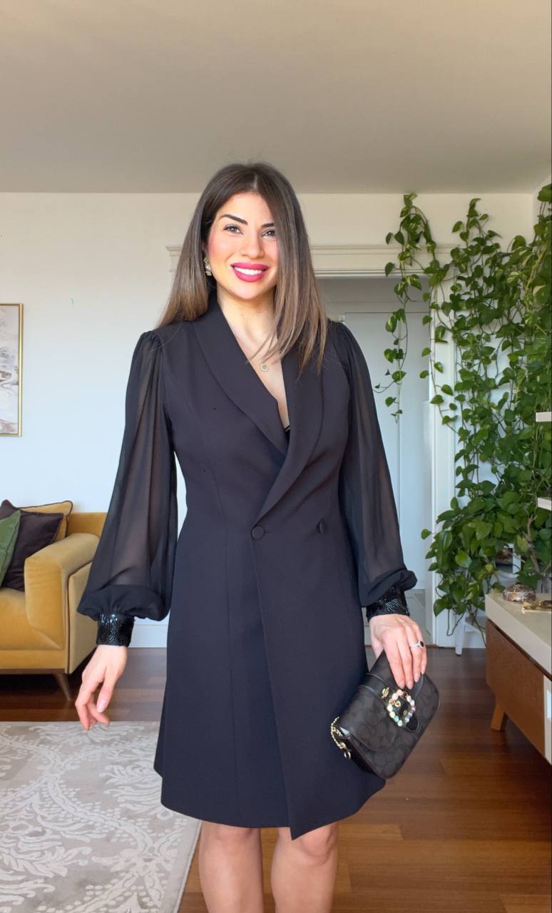 WRAP DRESS WITH CHIFFON SLEEVES - BLACK