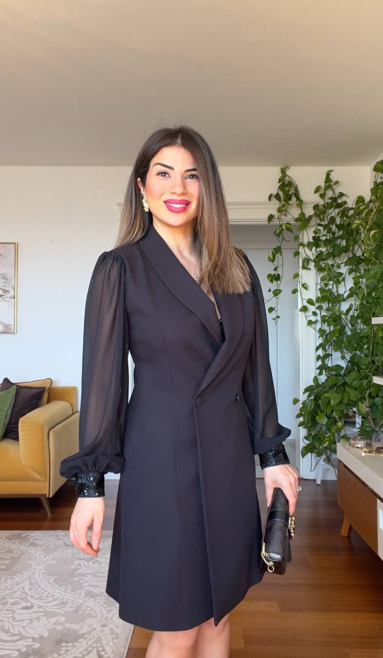 WRAP DRESS WITH CHIFFON SLEEVES - BLACK